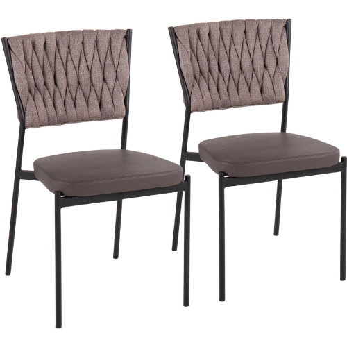 Tania Dining Chair in Light Brown Fabric, Grey Leatherette & Black Metal (Set of 2)